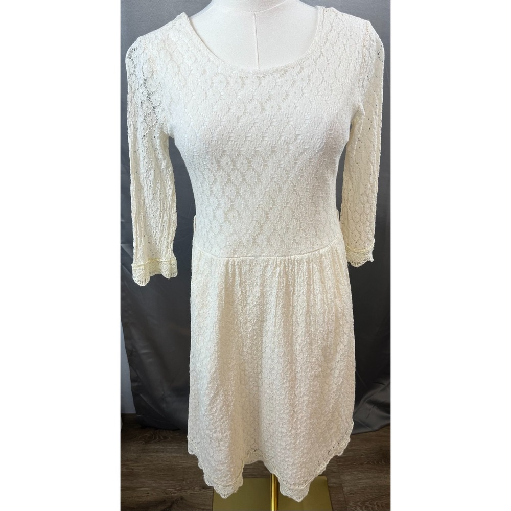 Y2K Miffy Cottagecore Crochet Lace 3/4 Sleeve Ivory Knee Length Dress Small